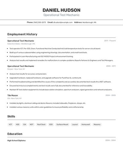 Operational Test Mechanic Resume