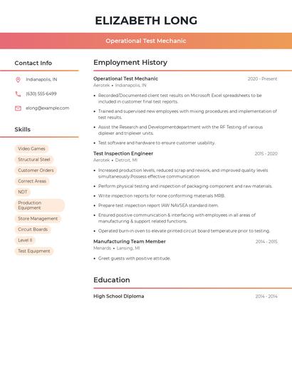 Operational Test Mechanic Resume