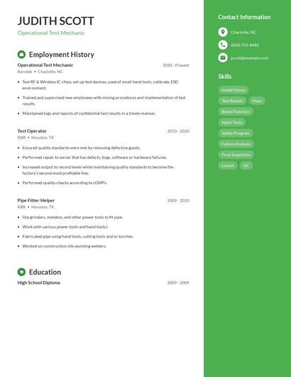 Operational Test Mechanic Resume