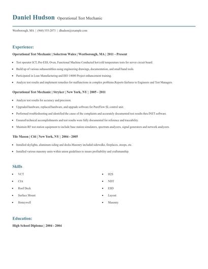 Operational Test Mechanic Resume