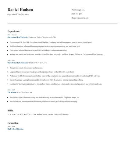 Operational Test Mechanic Resume