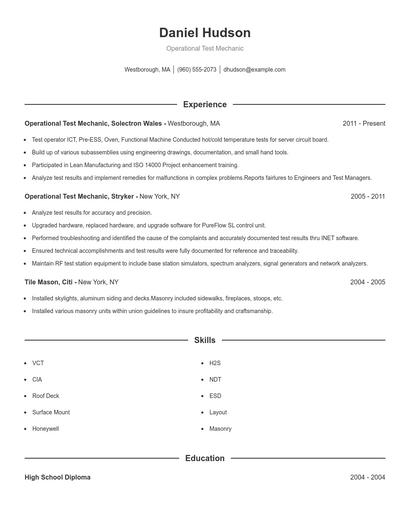 Operational Test Mechanic Resume