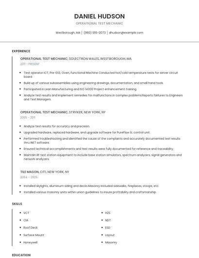 Operational Test Mechanic Resume