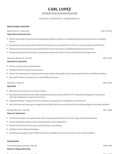 Operations Administrator Resume