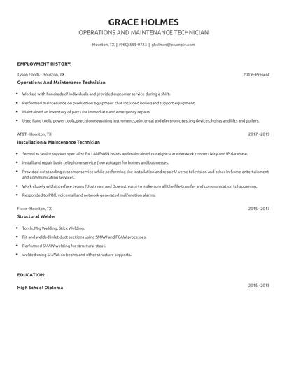 Operations And Maintenance Technician Resume