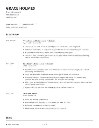 Operations And Maintenance Technician Resume