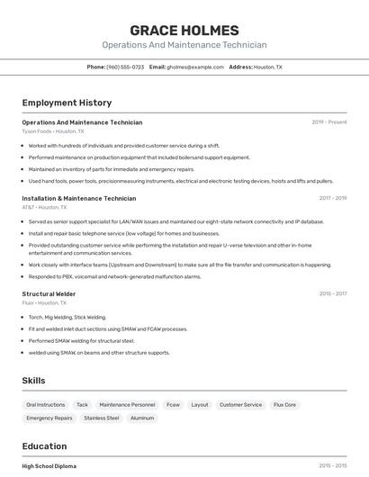 Operations And Maintenance Technician Resume