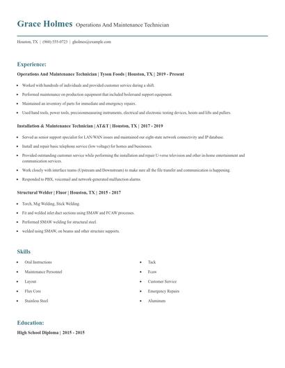 Operations And Maintenance Technician Resume