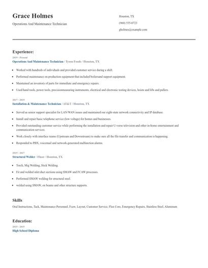 Operations And Maintenance Technician Resume