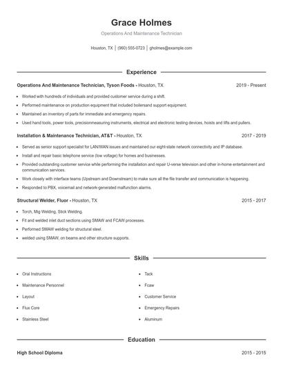 Operations And Maintenance Technician Resume