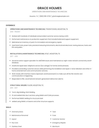 Operations And Maintenance Technician Resume