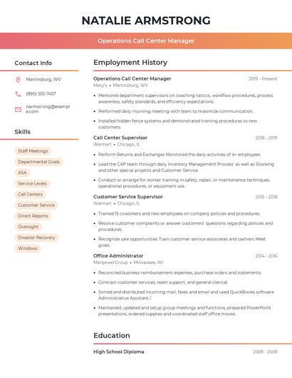 Operations Call Center Manager Resume