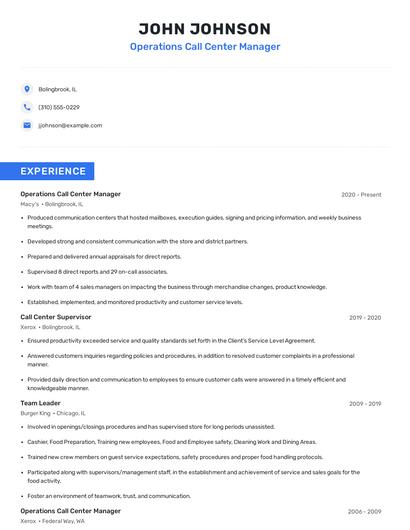 Operations Call Center Manager Resume