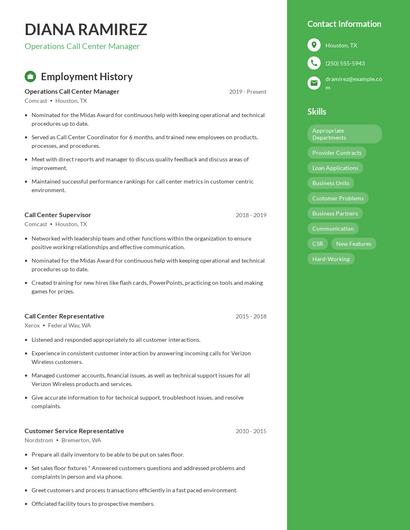 Operations Call Center Manager Resume