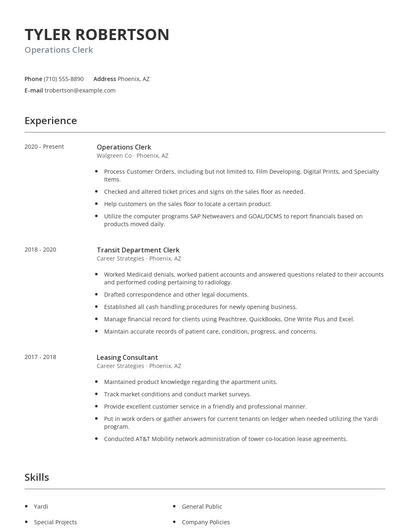 Operations Clerk Resume