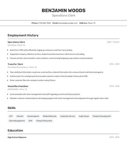 Operations Clerk Resume