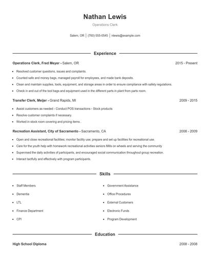 Operations Clerk Resume