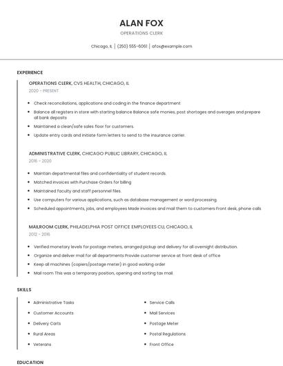 Operations Clerk Resume
