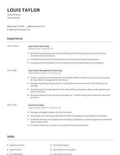 Operations Internship Resume
