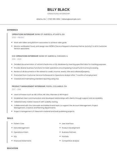 Operations Internship Resume