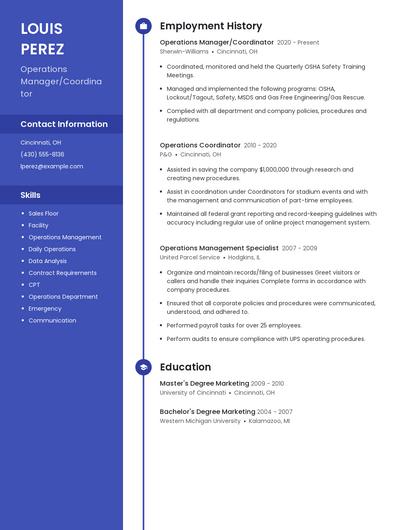 Operations Manager/Coordinator Resume