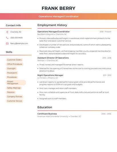 Operations Manager/Coordinator Resume