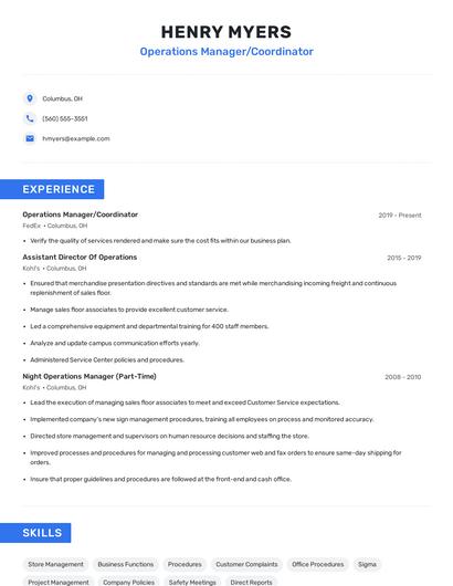 Operations Manager/Coordinator Resume