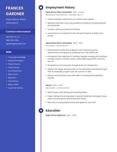 Operations Plant Attendant Resume