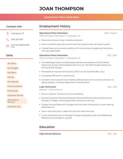 Operations Plant Attendant Resume