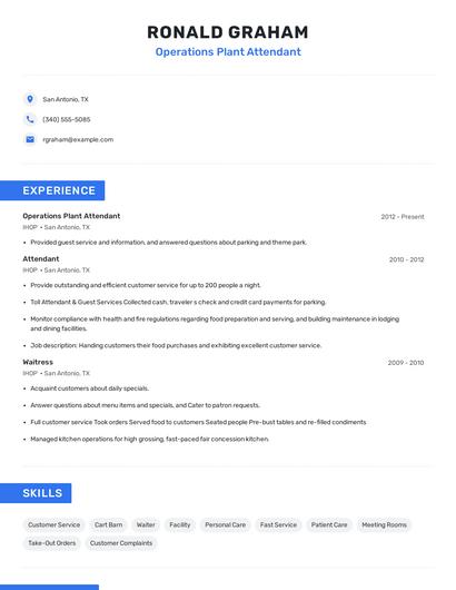 Operations Plant Attendant Resume