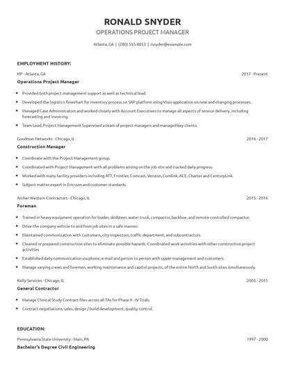 Operations Project Manager Resume