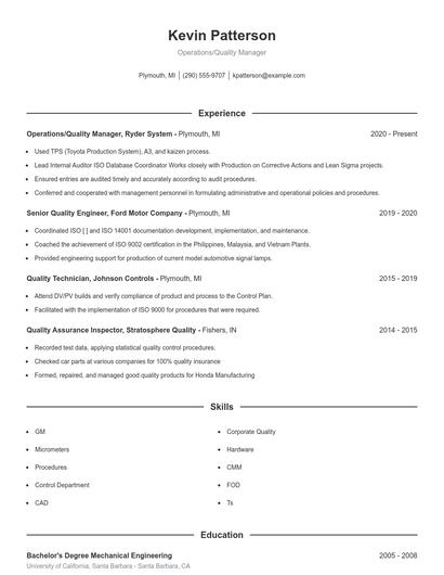 Operations/Quality Manager Resume