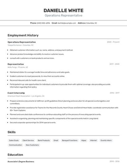Operations Representative Resume