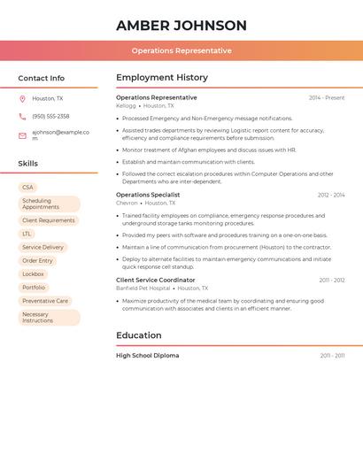 Operations Representative Resume