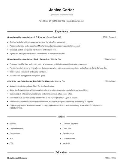 Operations Representative Resume