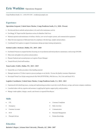 Operations Sergeant Resume