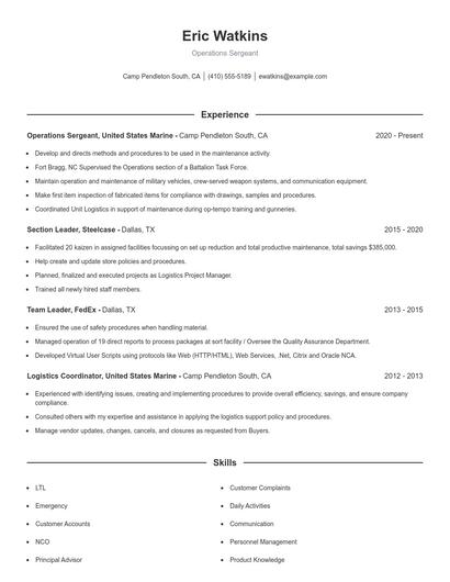 Operations Sergeant Resume
