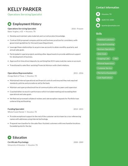 Operations Servicing Specialist Resume
