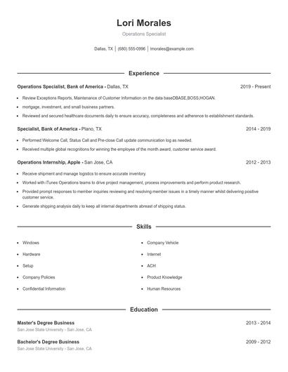 Operations Specialist Resume