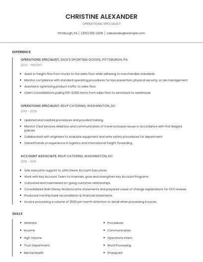 Operations Specialist Resume