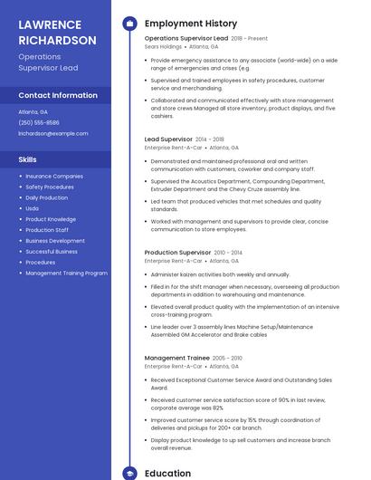 Operations Supervisor Lead Resume