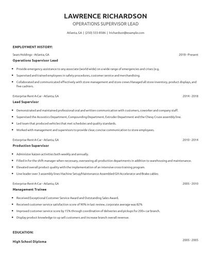 Operations Supervisor Lead Resume