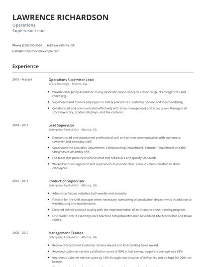 Operations Supervisor Lead Resume