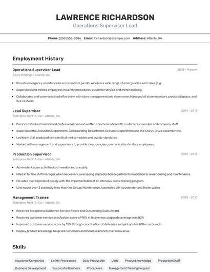 Operations Supervisor Lead Resume