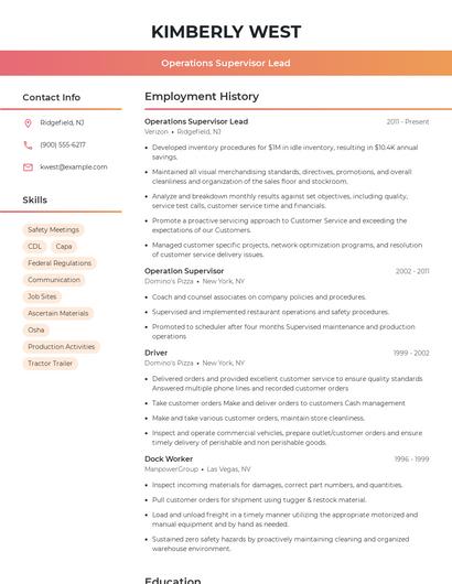 Operations Supervisor Lead Resume