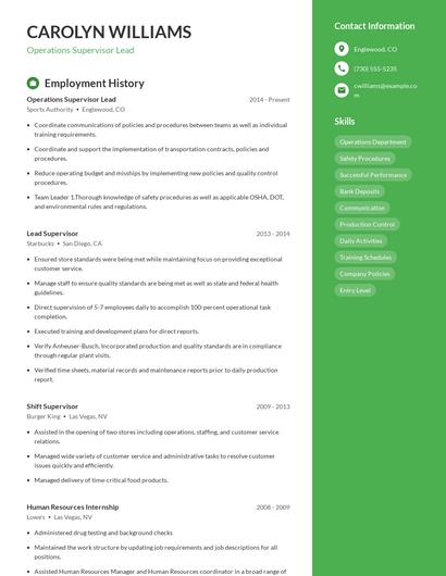 Operations Supervisor Lead Resume