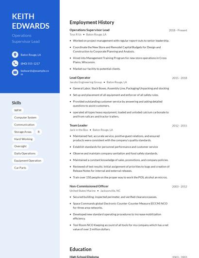 Operations Supervisor Lead Resume