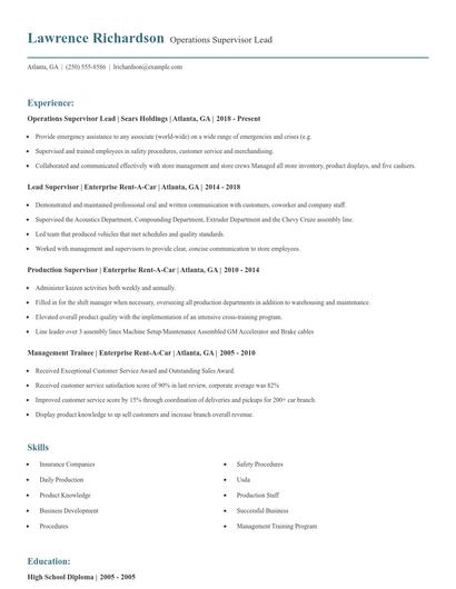 Operations Supervisor Lead Resume