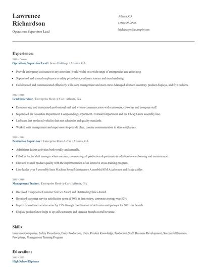 Operations Supervisor Lead Resume