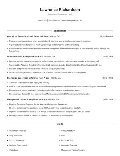 Operations Supervisor Lead Resume